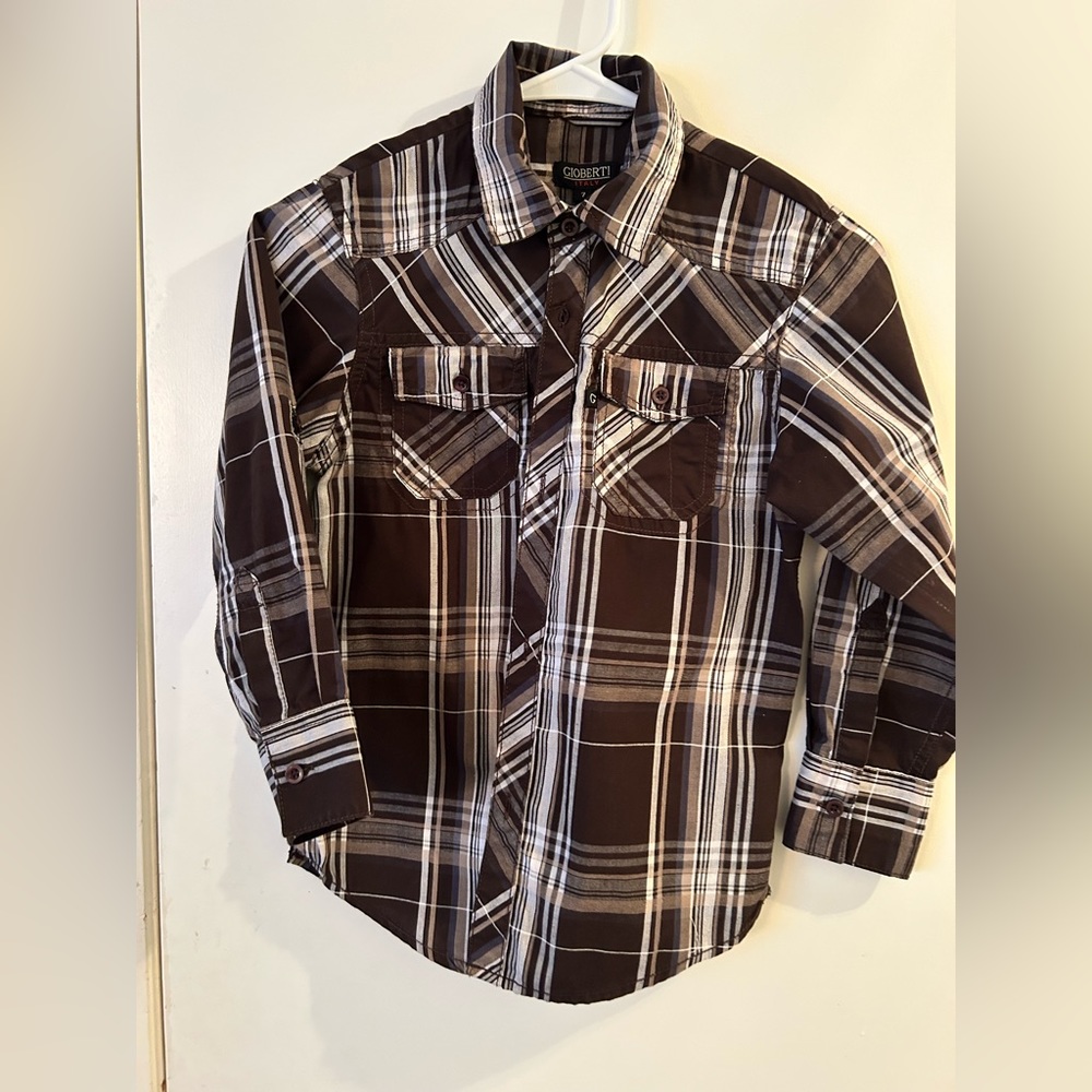 Gioberti boys black/white/gray checkered shirt size 7. Made in Italy.